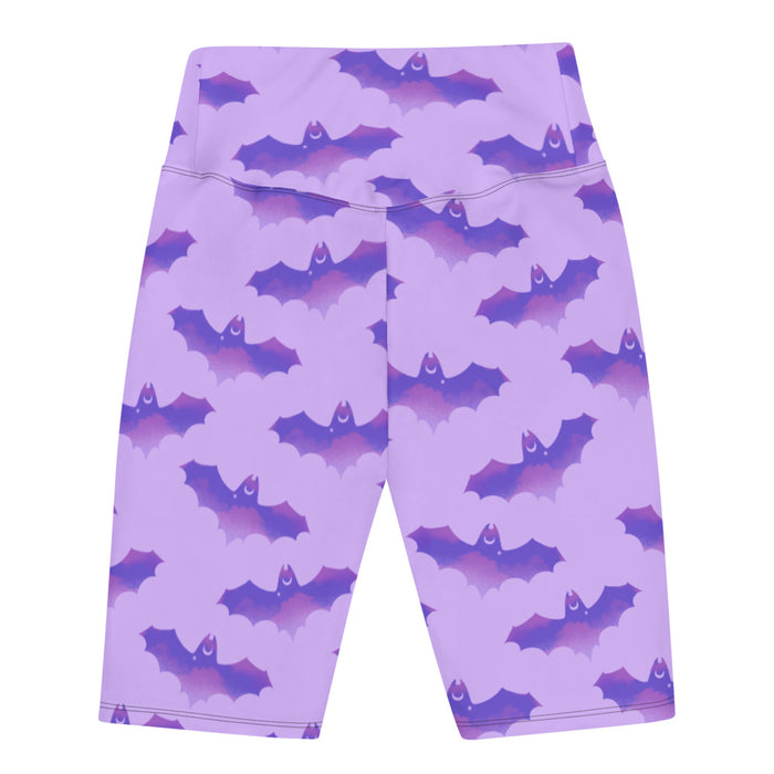 Morrigan pastel-goth biker shorts in lavender with bat print and pastel clouds