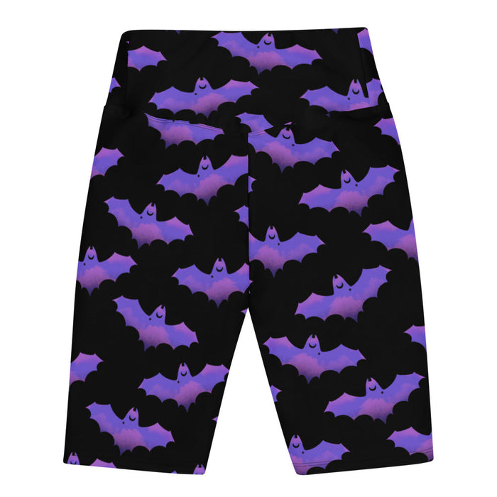 Morrigan gothic biker shorts in lavender with dusky bats and soft clouds