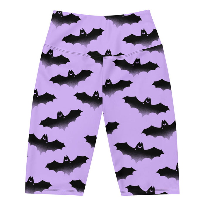 Morrigan pastel-goth biker shorts in lavender with watercolor bats and drifting clouds