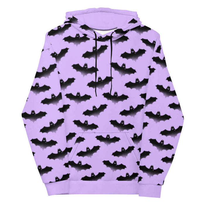 Morrigan pastel-goth hoodie in lavender with watercolor bats and drifting clouds