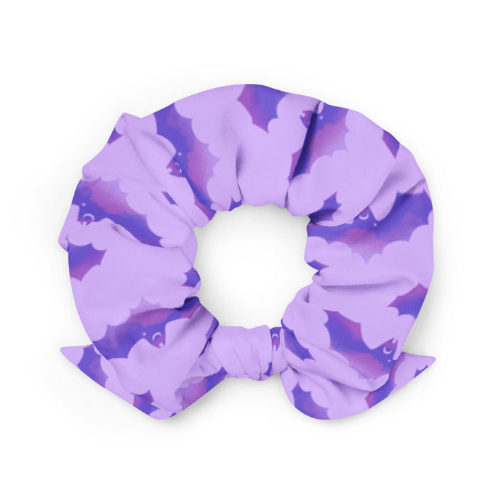 Morrigan pastel-goth scrunchie in lavender with bat print and pastel clouds