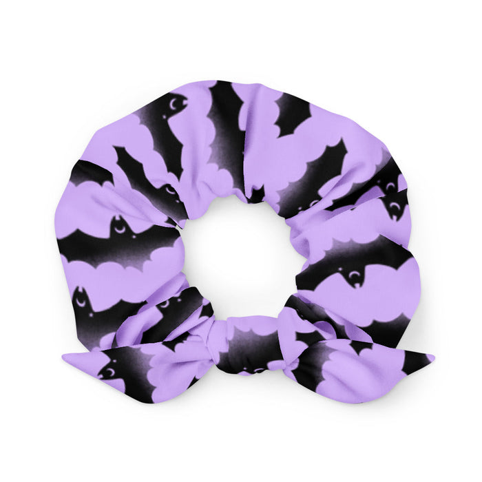 Morrigan pastel-goth scrunchie in lavender with watercolor bats and drifting clouds