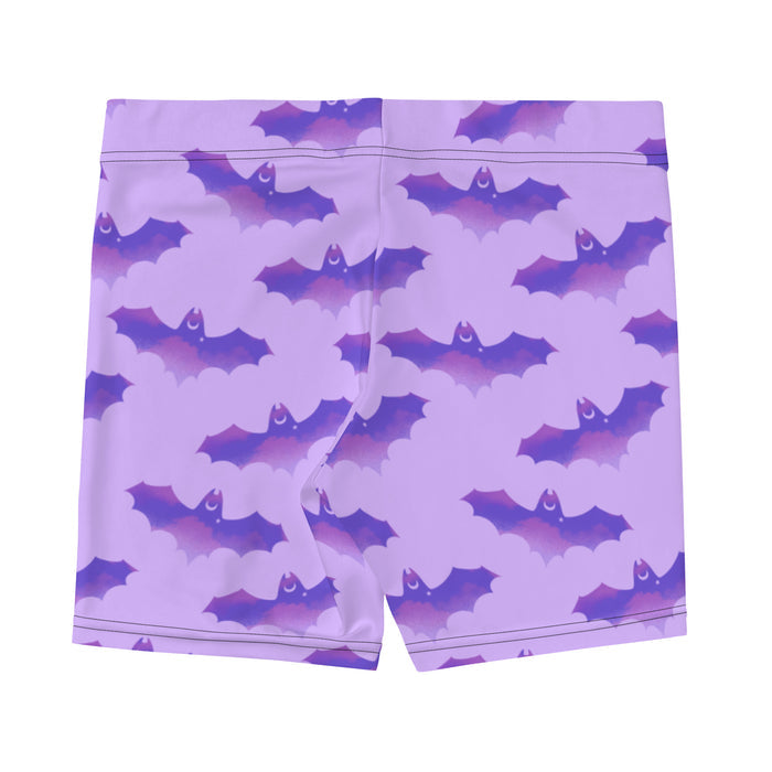 Morrigan pastel-goth shorts in lavender with bat print and pastel clouds