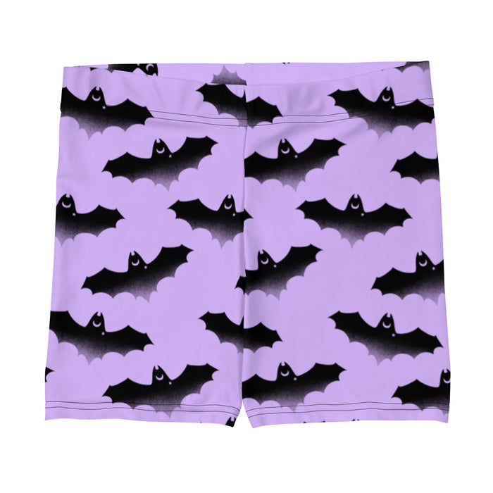 Morrigan pastel-goth shorts in lavender with watercolor bats and drifting clouds