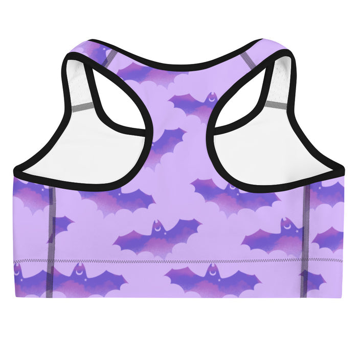 Morrigan pastel-goth sports bra in lavender with bat print and pastel clouds