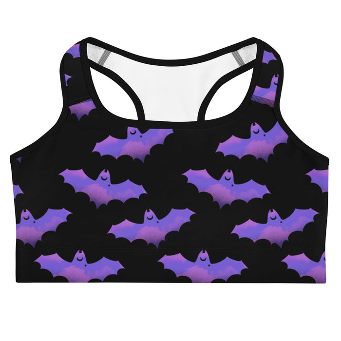 Morrigan alternative sports bra in lavender with painterly bats and tiny crescent moons