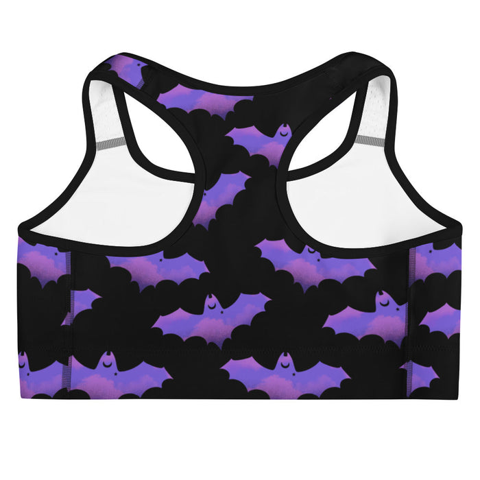 Morrigan gothic sports bra in lavender with dusky bats and soft clouds