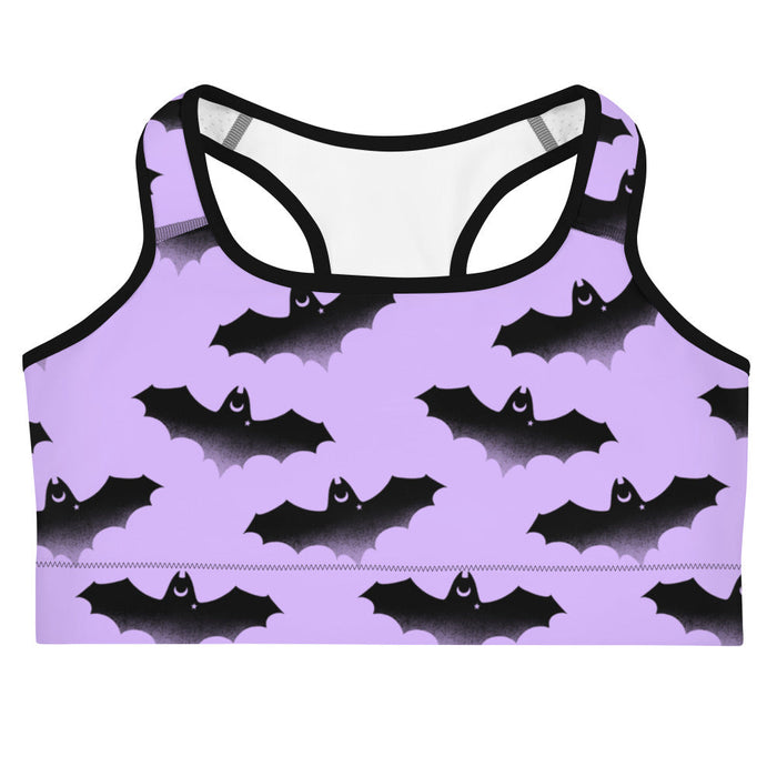 Morrigan pastel-goth sports bra in lavender with watercolor bats and drifting clouds