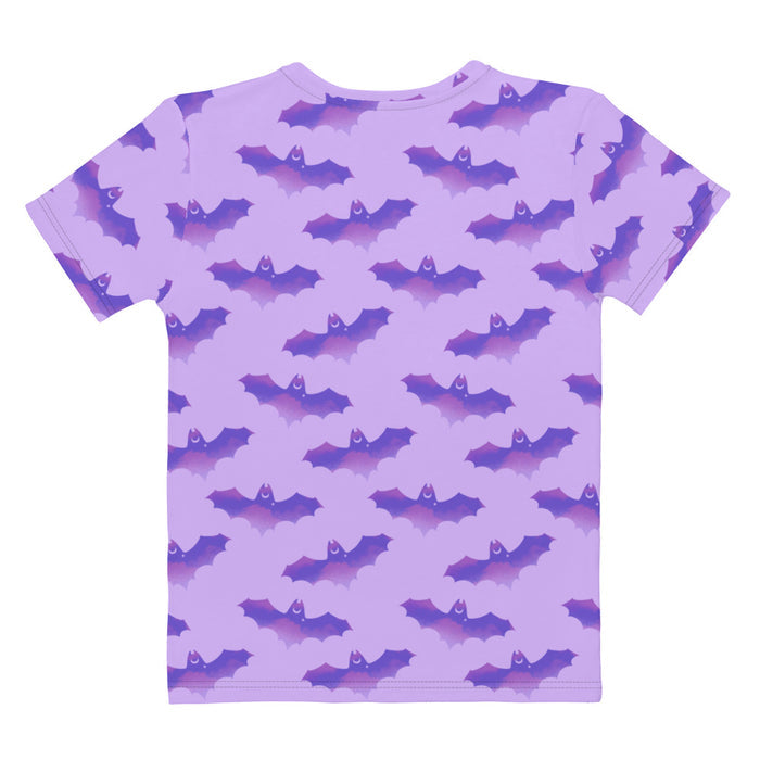 Morrigan pastel-goth tee in lavender with bat print and pastel clouds