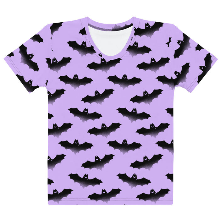 Morrigan pastel-goth tee in lavender with watercolor bats and drifting clouds