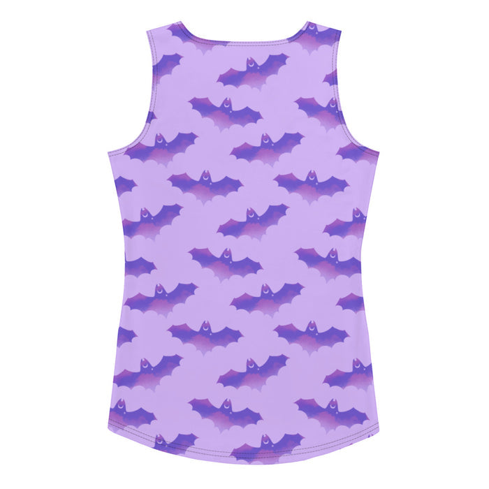 Morrigan pastel-goth tank top in lavender with bat print and pastel clouds
