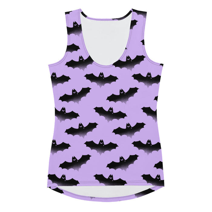 Morrigan pastel-goth tank top in lavender with watercolor bats and drifting clouds