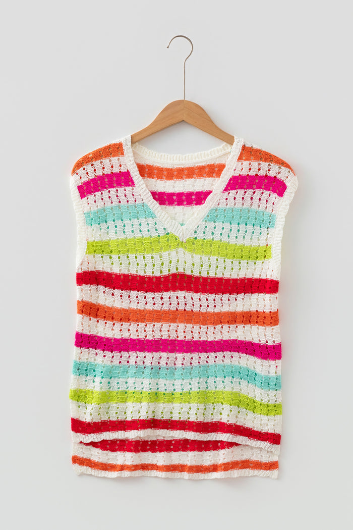 Multicolour Striped Eyelet Knit V Neck Sweater Team 🇺🇸