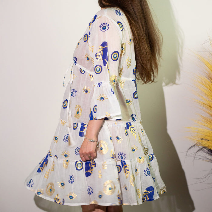 Nomad Sari Evil Eye Dress – White, Blue & Gold – Size M/L 🇬🇧