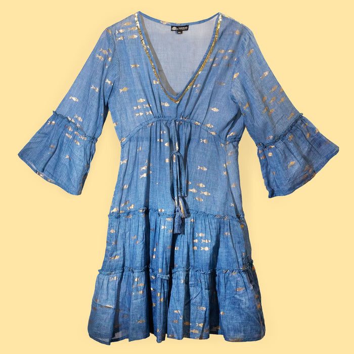 Nomad Sari Sea Blue & Gold Fish Print Dress (L/XL) 🇬🇧
