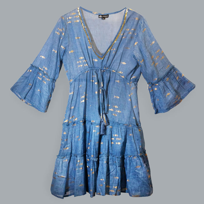 Nomad Sari Sea Blue & Gold Fish Print Dress (L/XL) 🇬🇧