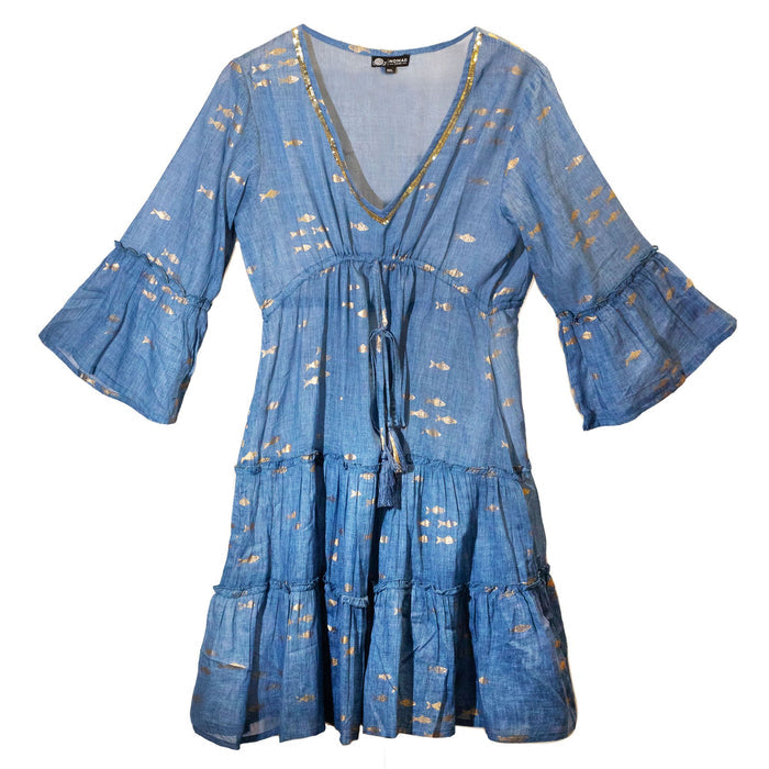 Nomad Sari Sea Blue & Gold Fish Print Dress (M/L) 🇬🇧