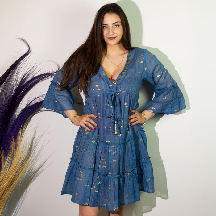Nomad Sari Sea Blue & Gold Fish Print Dress (M/L) 🇬🇧