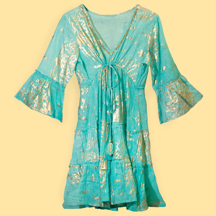 Nomad Sari Turquoise & Gold Coral Print Dress (L/XL) 🇬🇧