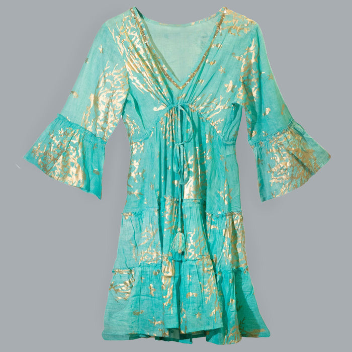 Nomad Sari Turquoise & Gold Coral Print Dress (L/XL) 🇬🇧