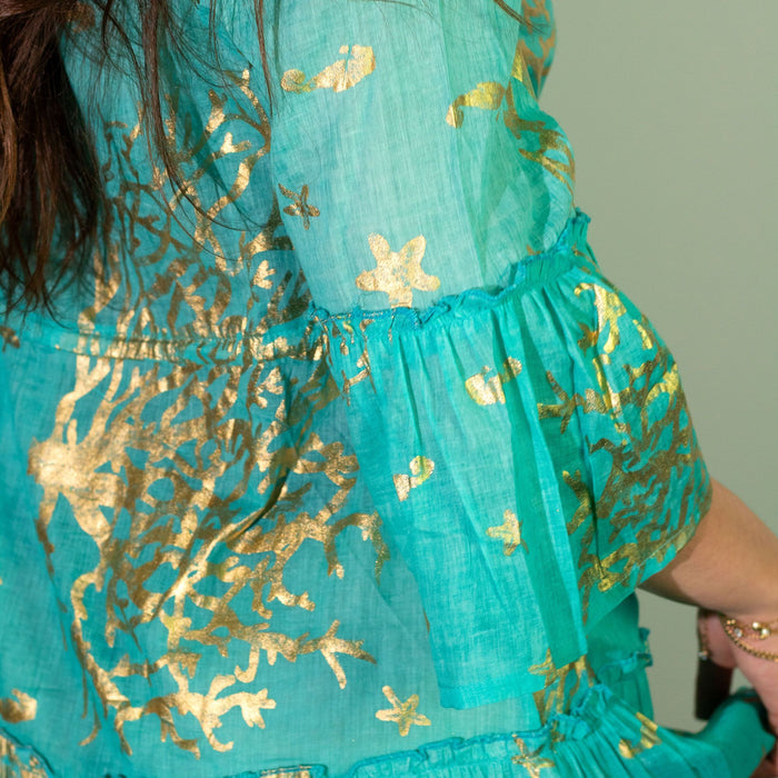 Nomad Sari Turquoise & Gold Coral Print Dress (L/XL) 🇬🇧