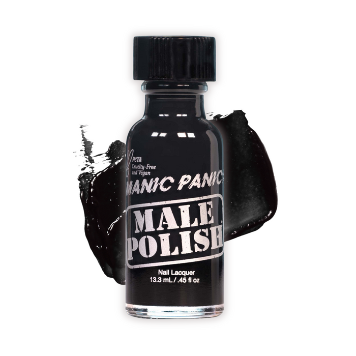 Bottle of Manic Panic Male Polish nail lacquer on a white background