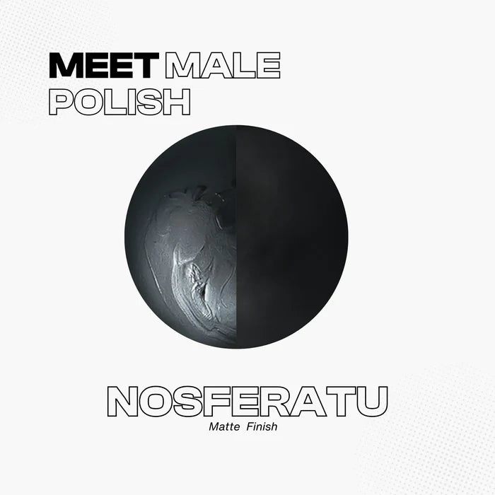 Manic Panic Male Polish Nosferatu nail polish swatch in matte black, split between textured black and smooth deep black finish. Text reads ‘Meet Male Polish Nosferatu – Matte Finish