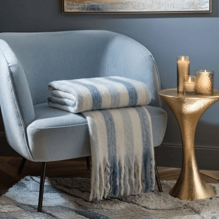 Ottilie Blue & White Striped Tasseled Throw Textiles