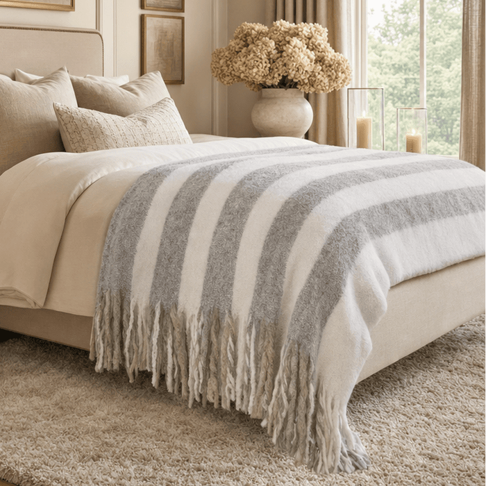 Ottilie Grey & White Striped Tasselled Throw Textiles