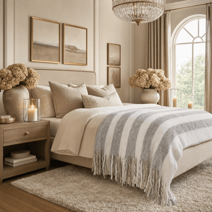 Ottilie Grey & White Striped Tasselled Throw Textiles