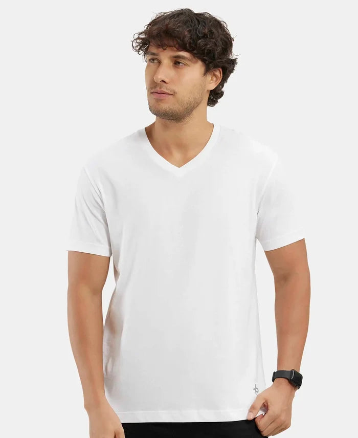 Pack of 2 Super Combed Cotton Rich Solid V Neck Half Sleeve T-Shirt - White & Black