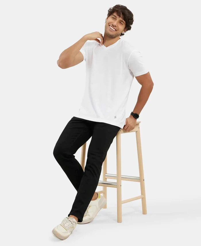 Pack of 2 Super Combed Cotton Rich Solid V Neck Half Sleeve T-Shirt - White & Black