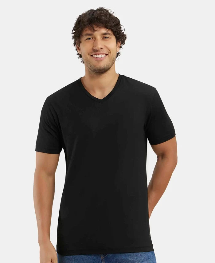 Pack of 2 Super Combed Cotton Rich Solid V Neck Half Sleeve T-Shirt - White & Black