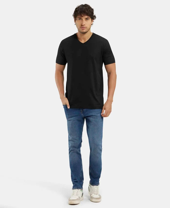 Pack of 2 Super Combed Cotton Rich Solid V Neck Half Sleeve T-Shirt - White & Black