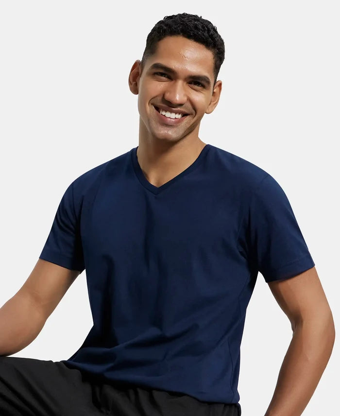 Pack of 2 Super Combed Cotton Rich Solid V Neck Half Sleeve T-Shirt - White & Navy