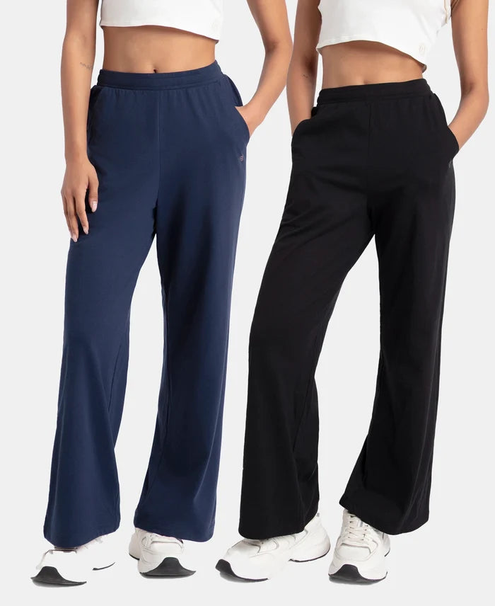 Pack of 2 Super Combed Cotton Rich Straight Fit Wide Leg Pants - Navy Blazer & Black