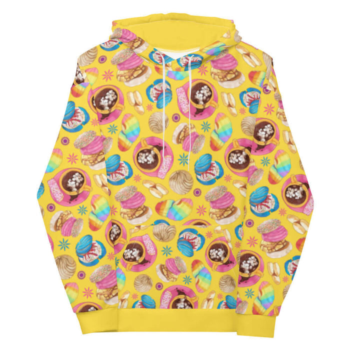 Pan Dulce kawaii hoodie in yellow with marshmallow hot chocolate and pink cortadillos