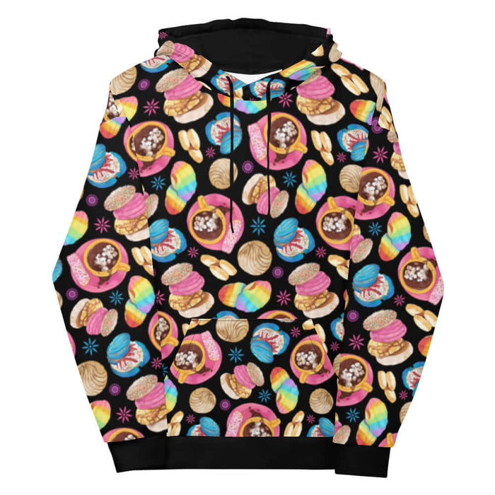 Pan Dulce kawaii hoodie in yellow with polvorón cookies and cocoa swirls