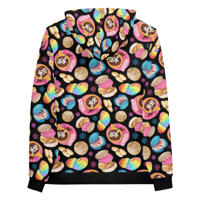 Pan Dulce kawaii hoodie in yellow with pink cortadillos and rainbow-striped conchas