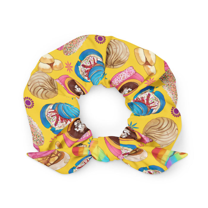 Pan Dulce kawaii scrunchie in yellow with golden conchas and golden orejas