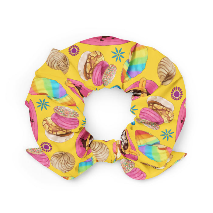 Pan Dulce kawaii scrunchie in yellow with blue drizzled conchas and polvorón cookies