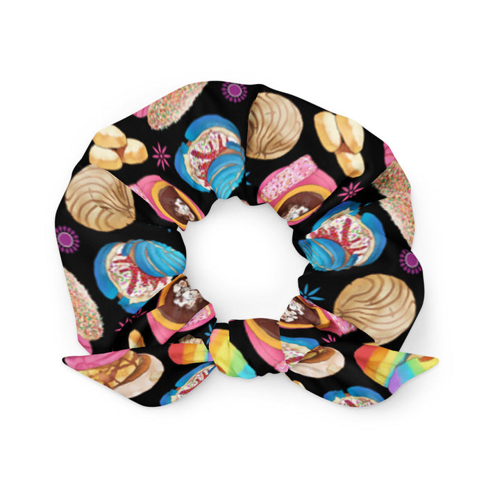 Pan Dulce kawaii scrunchie in yellow with marshmallow hot chocolate and pink cortadillos