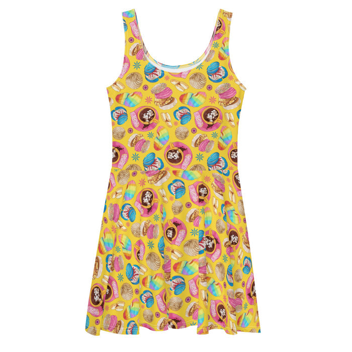 Pan Dulce kawaii skater dress in yellow with golden conchas and golden orejas
