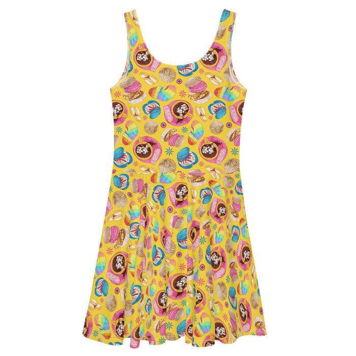 Pan Dulce kawaii skater dress in yellow with blue drizzled conchas and polvorón cookies