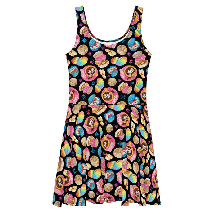Pan Dulce kawaii skater dress in yellow with marshmallow hot chocolate and pink cortadillos