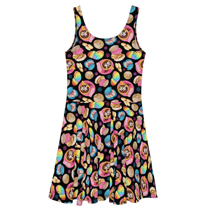Pan Dulce kawaii skater dress in yellow with golden orejas and sprinkle galletas