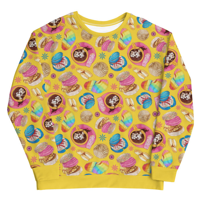 Pan Dulce kawaii sweatshirt in yellow with sprinkle galletas and pink conchas