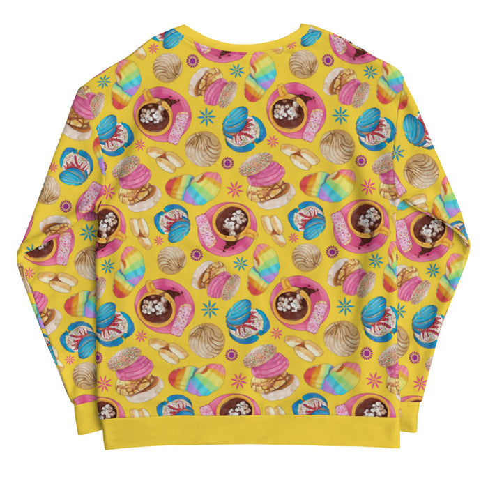 Pan Dulce kawaii sweatshirt in yellow with cocoa swirls and golden conchas