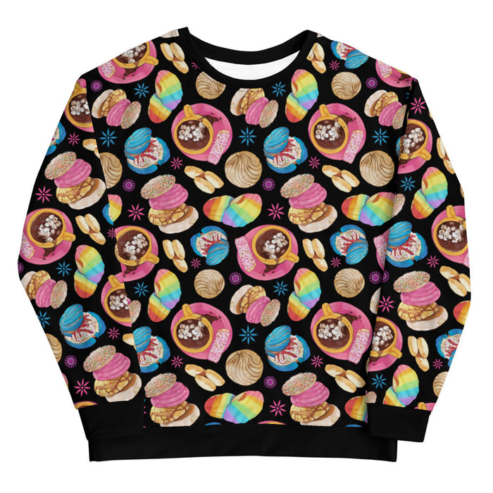 Pan Dulce kawaii sweatshirt in yellow with rainbow-striped conchas and blue drizzled conchas