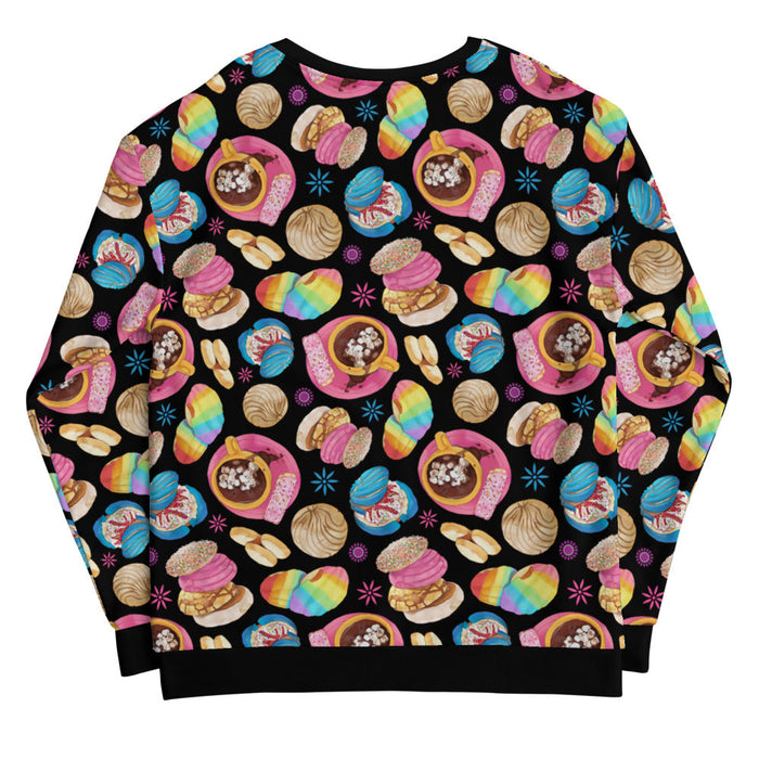 Pan Dulce kawaii sweatshirt in yellow with pink conchas and marshmallow hot chocolate